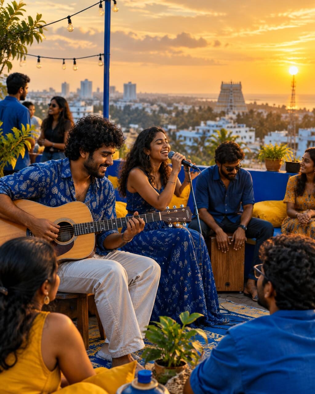 Musicians playing a rooftop sunset session in Trivandrum